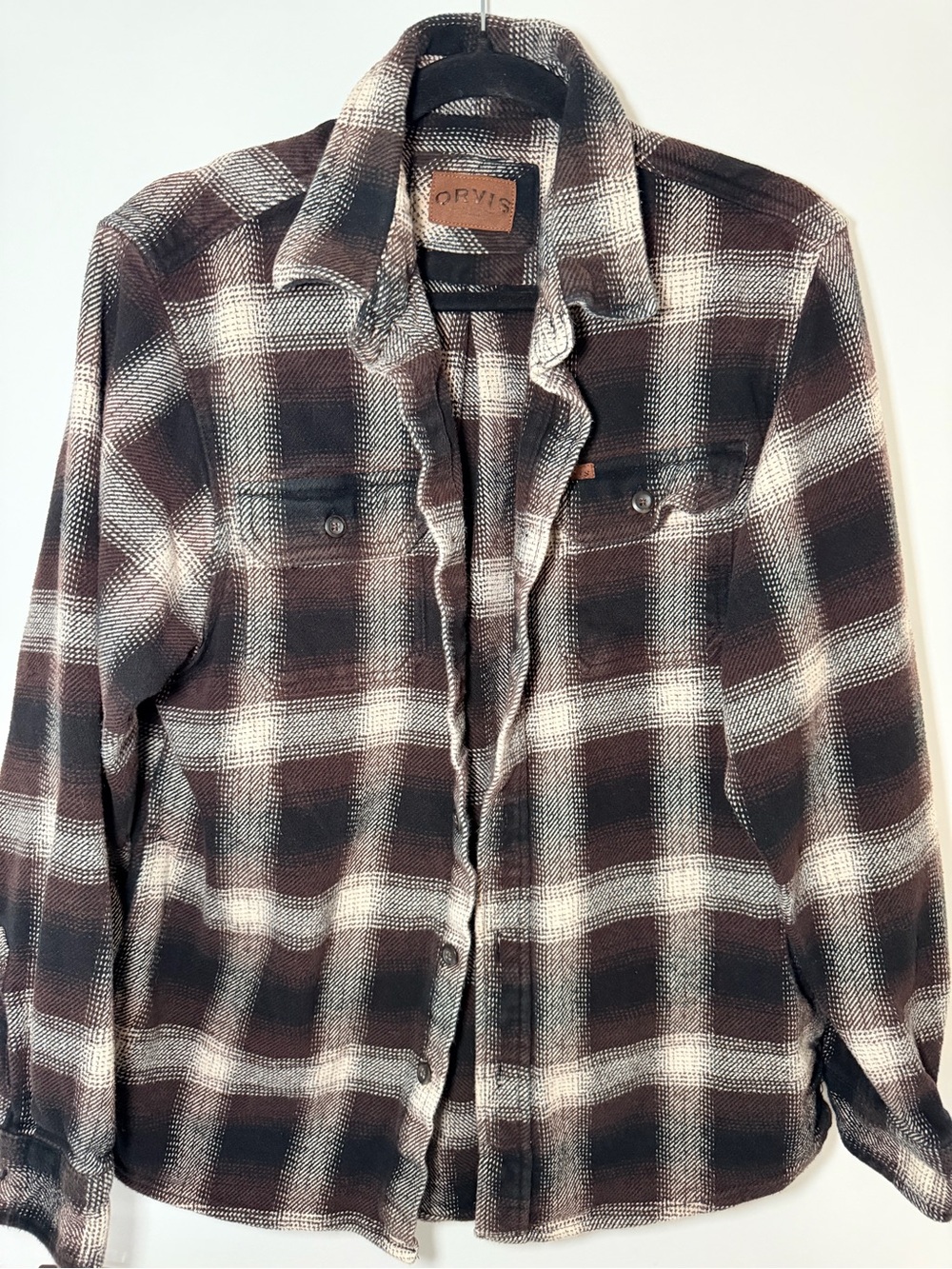 Orvis Big Bear Men’s L Heavyweight Flannel Shirt Jacket Brown Black Plaid
